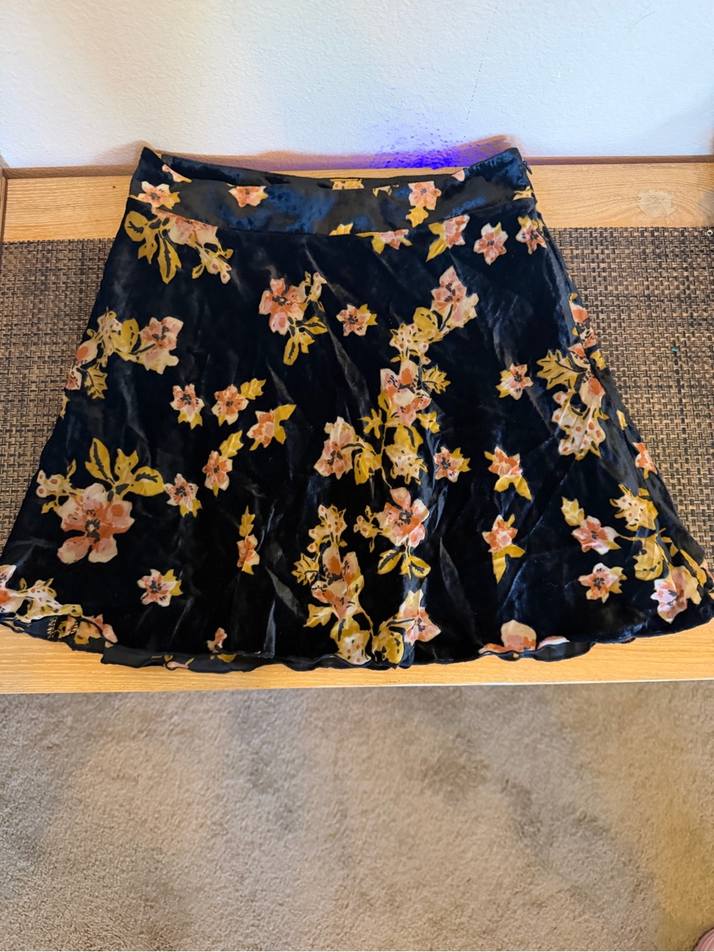 Free People Black Velvet Mini Skirt with Pink and Gold Floral Print